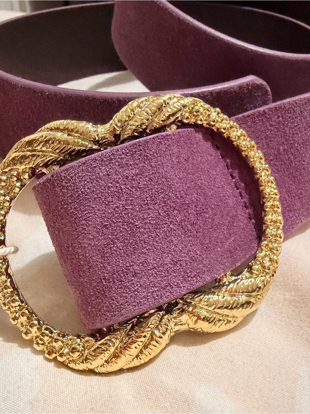 Sézane Purple Suede Belt with Ornate Gold Buckle